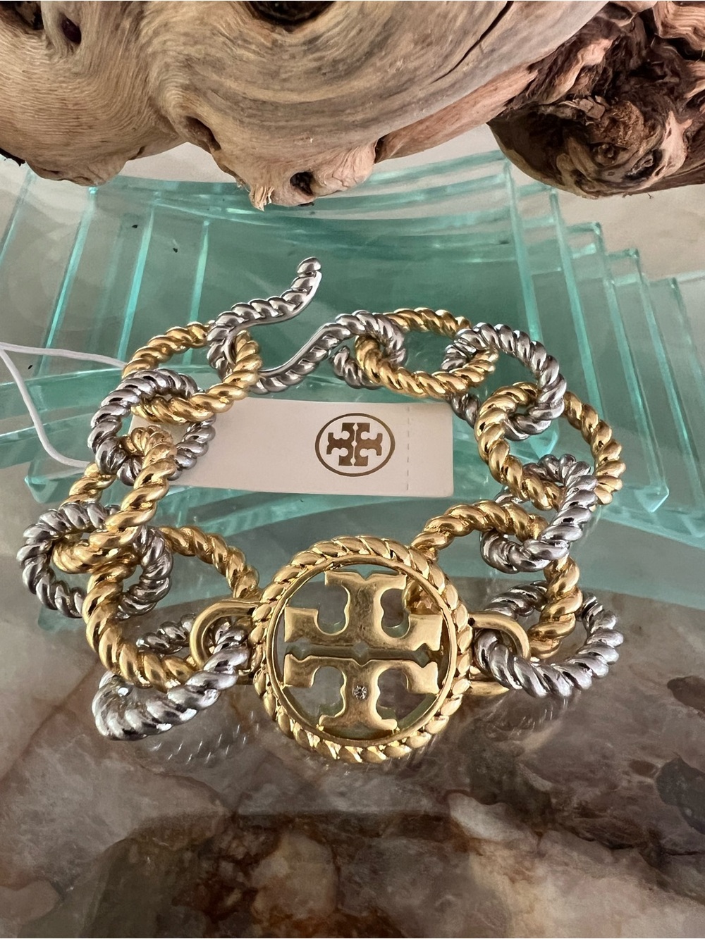 Tory Burch Two-Tone Rope Link Bracelet in Gold & Silver with Logo Medallion